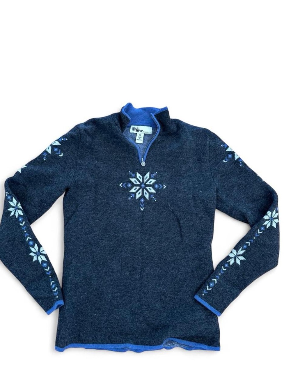 Neve Designs Women's 100% wool gray quarter-Zip Snowflake Sweater - medium